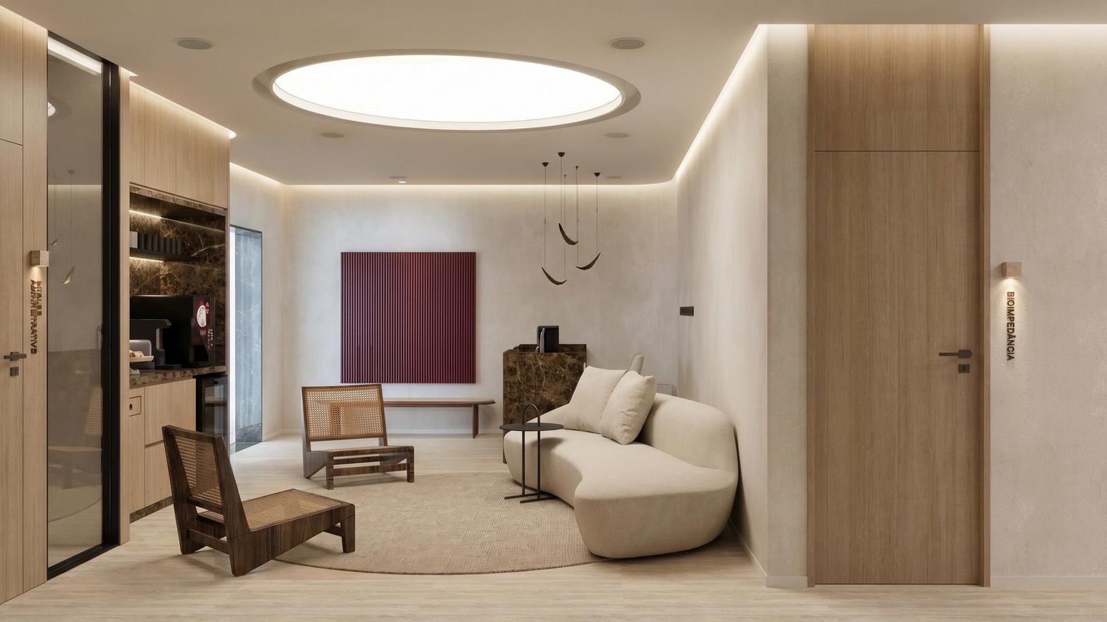 Sala de espera vista da recepção: sofá curvo creme, cadeiras de palhinha, painel ripado bordô e teto circular iluminado.