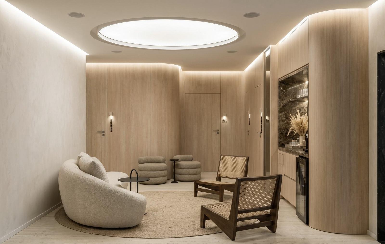 Sala de espera: sofá curvo creme, pufes de tecido, cadeiras de palhinha, painel de madeira clara e uma copa de mármore ao fundo.